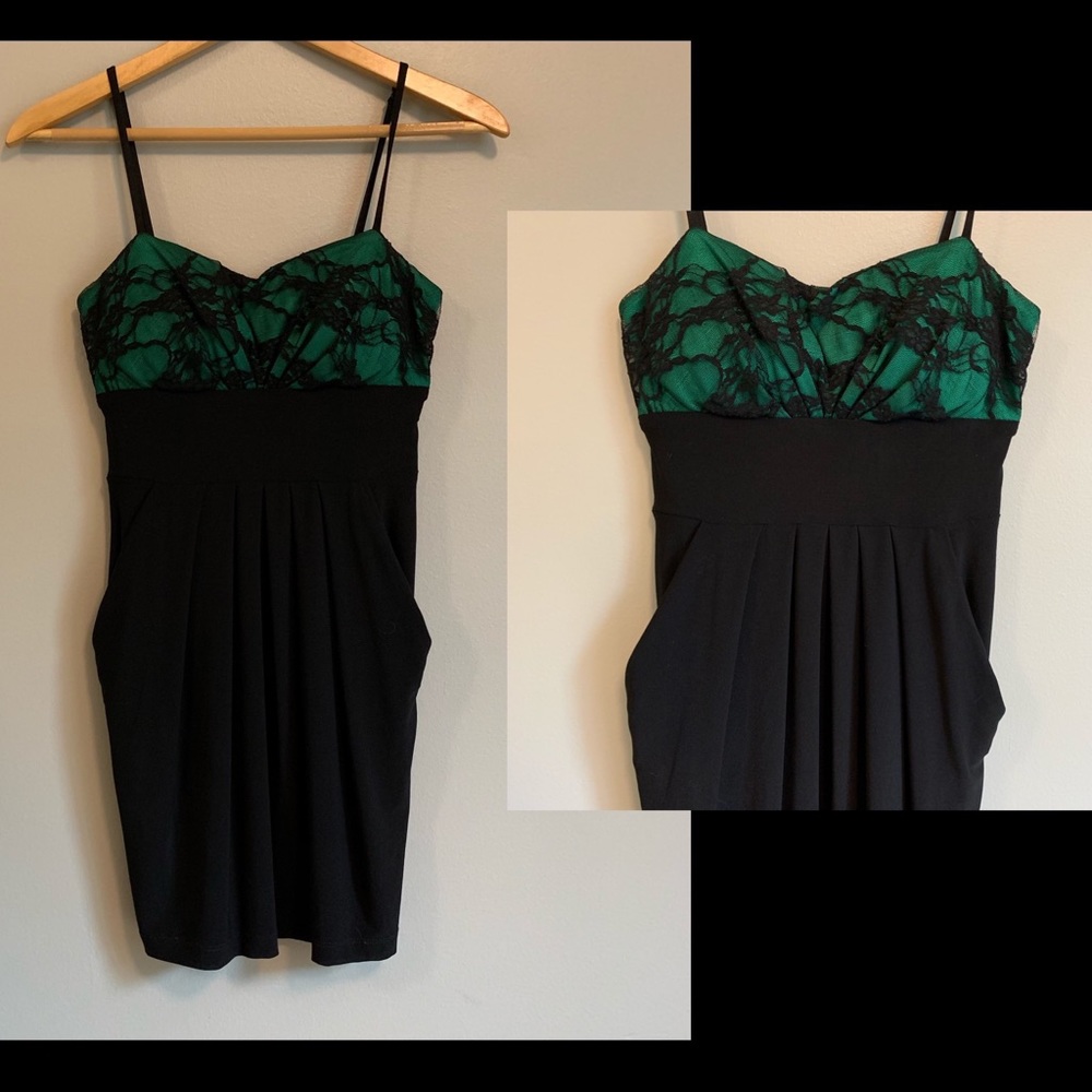 Green & black lace cocktail party dress, pockets